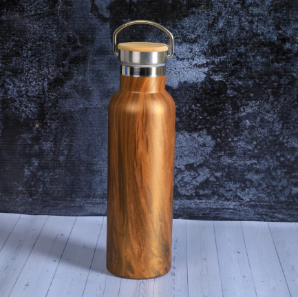 Custom laser-engraved wooden thermal vacuum flask with steel swing handle by Print365 Kenya