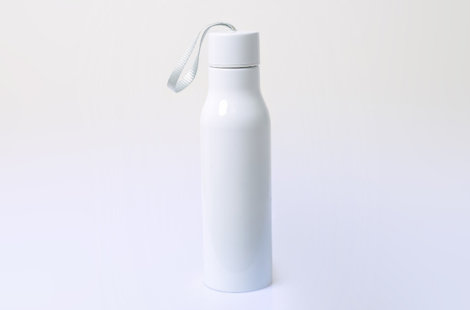 Custom printed 500ml white thermal vacuum flask with matching white wrist strap by Print365 Kenya