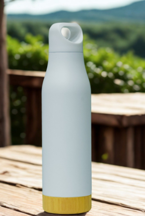 Custom laser-engraved 550ml white thermal flask with natural wooden base accent by Print365 Kenya