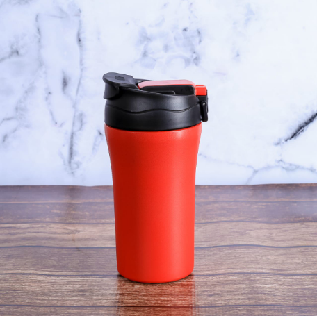 Custom laser-engraved 450ml red thermal mug with flip-lock lid by Print365 Kenya