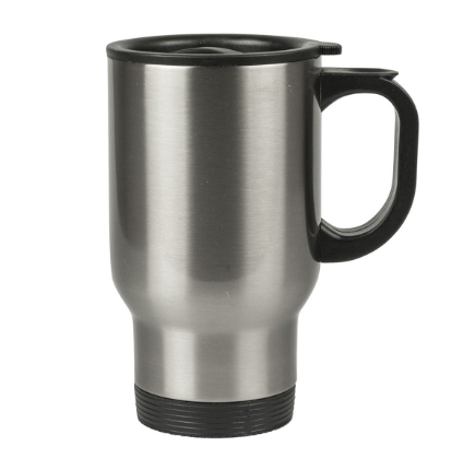 Custom laser-engraved 500ml brushed silver stainless steel travel mug with black handle by Print365 Kenya