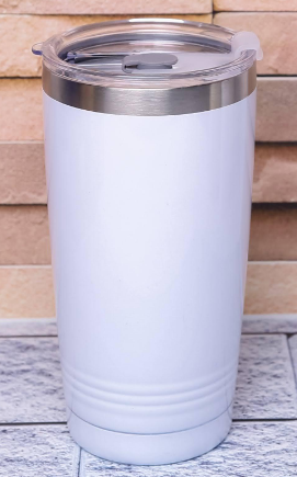 Custom laser-engraved 550ml white stainless steel thermal mug with brushed steel rim by Print365 Kenya