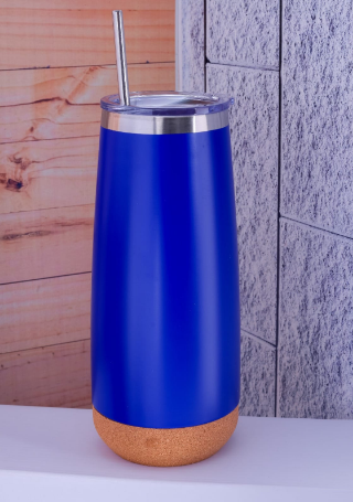 Custom laser-engraved 650ml royal blue thermal travel mug with natural cork base by Print365 Kenya