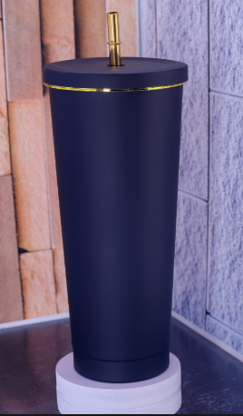 Custom laser-engraved 750ml dark blue thermal mug with gold accent trim and gold straw by Print365 Kenya