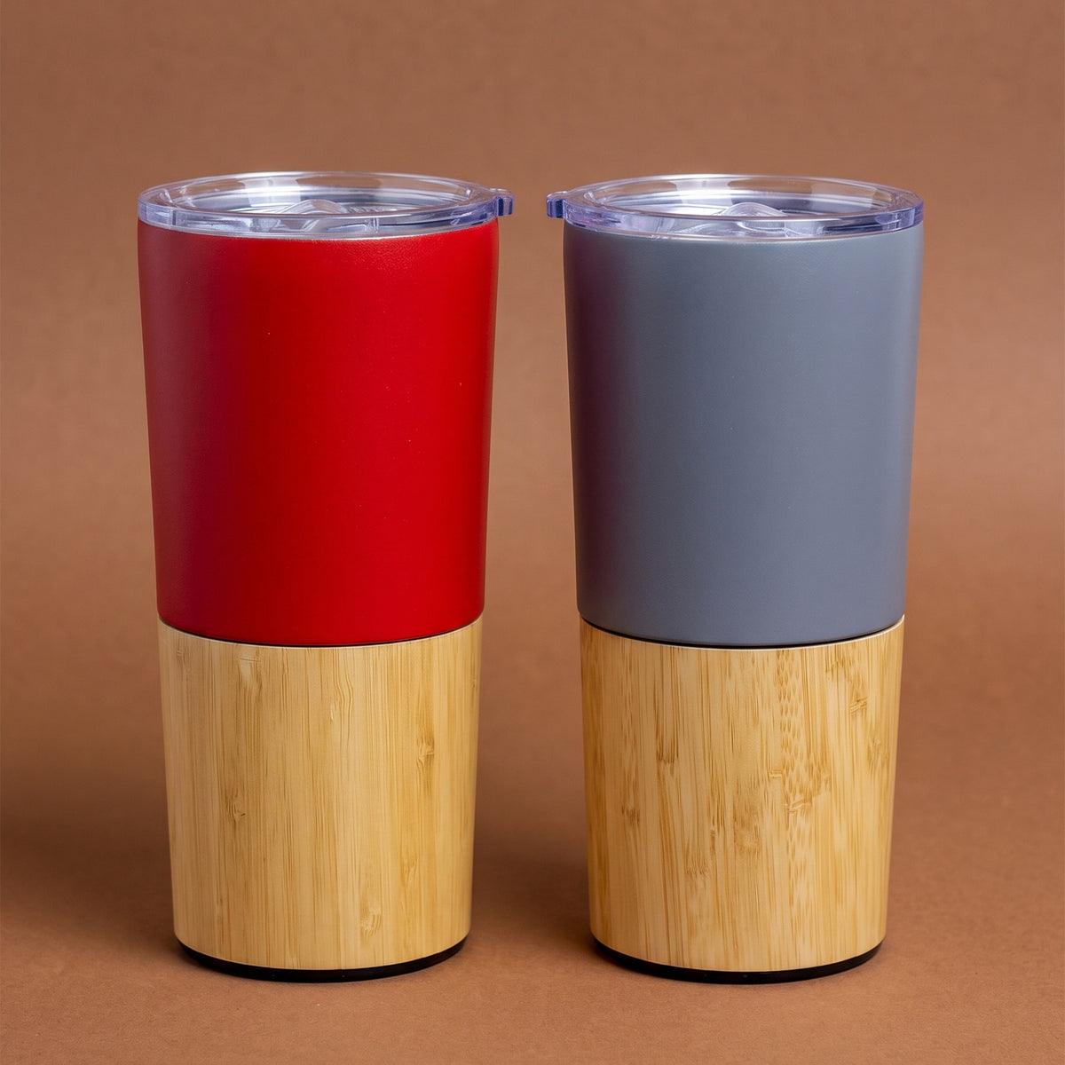 Custom laser-engraved 620ml red and grey thermal mugs with natural wooden base accents by Print365 Kenya