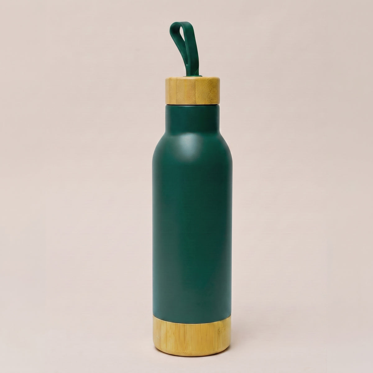 Custom laser-engraved dark green thermal flask with bamboo wood cap and base by Print365 Kenya