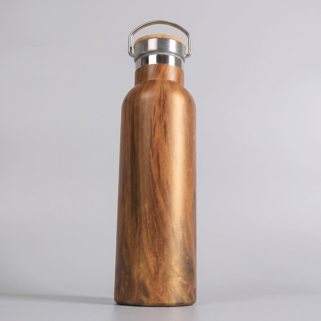 Executive insulated thermal flask featuring natural wood-grain finish and durable stainless steel swing handle done by Print365 Nairobi