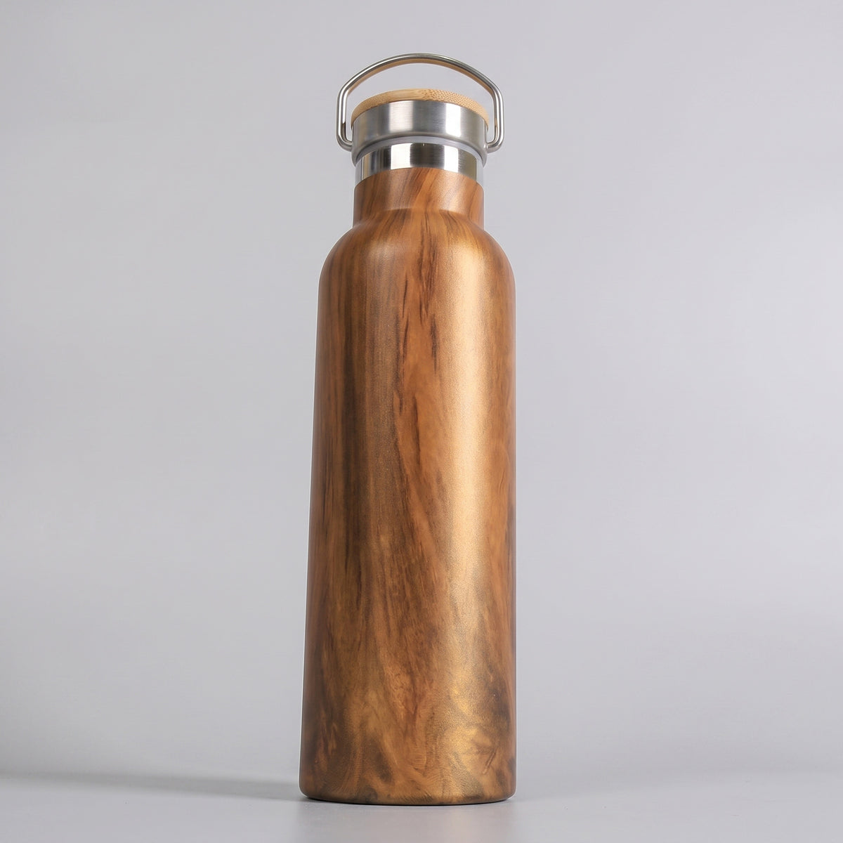 Executive insulated thermal flask featuring natural wood-grain finish and durable stainless steel swing handle done by Print365 Nairobi