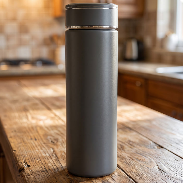 Custom laser-engraved 500ml matte grey smart thermal flask with LED temperature cap by Print365 Kenya