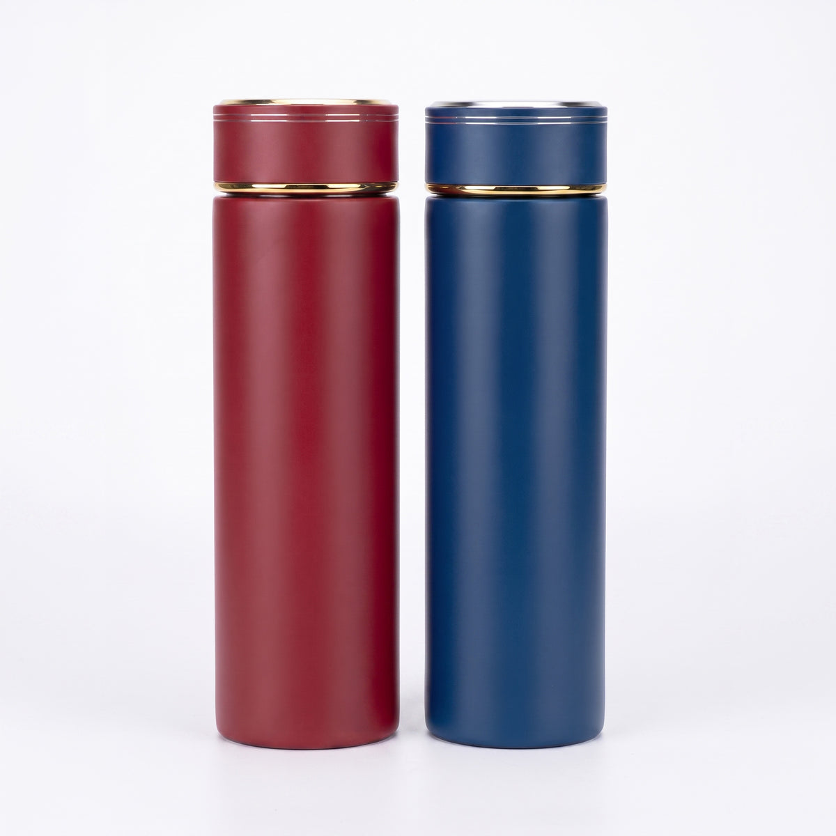 Two custom laser-engraved 500ml smart with LED temperature caps thermal flasks in matte blue and red made in Nairobi Kenya