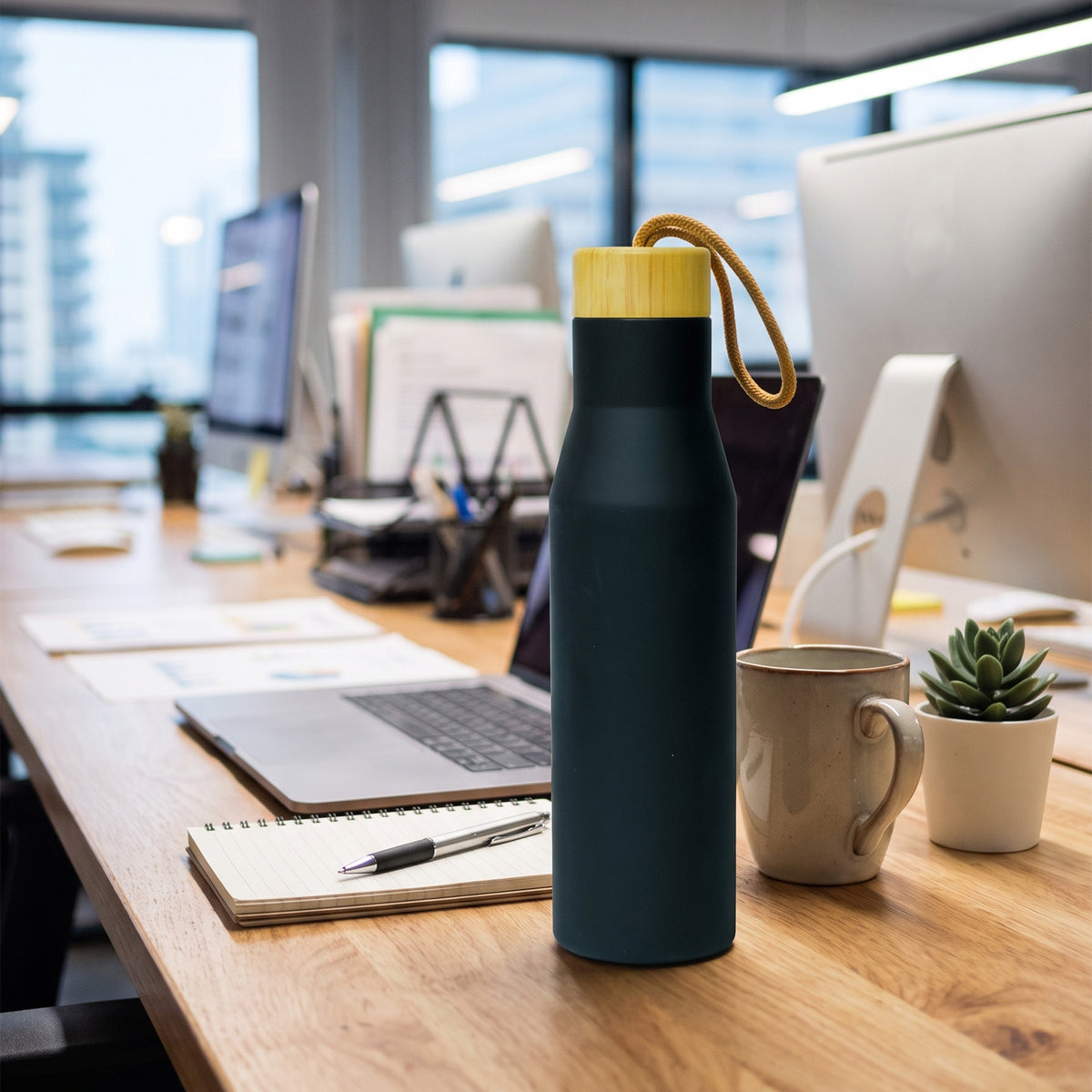 Personalized matte black thermal flask with wooden lid and brown strap done in Nairobi, Kenya