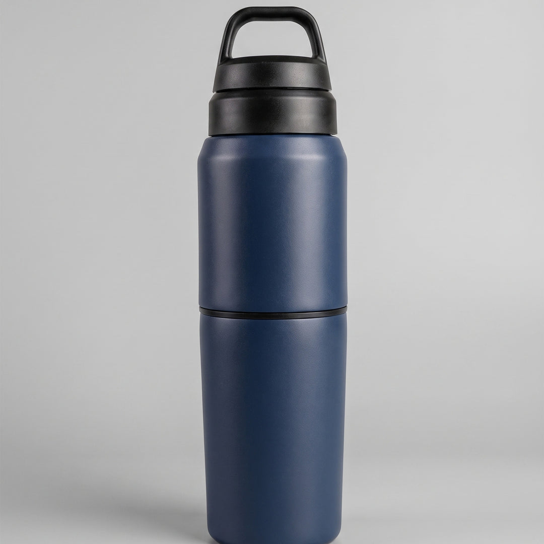 Custom laser-engraved dark blue thermal flask with black loop handle cap by Print365 Kenya
