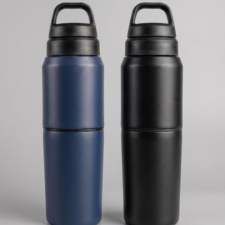 Two ustom laser-engraved dark blue and black thermal flasks with black loop handle cap done in Nairobi Kenya