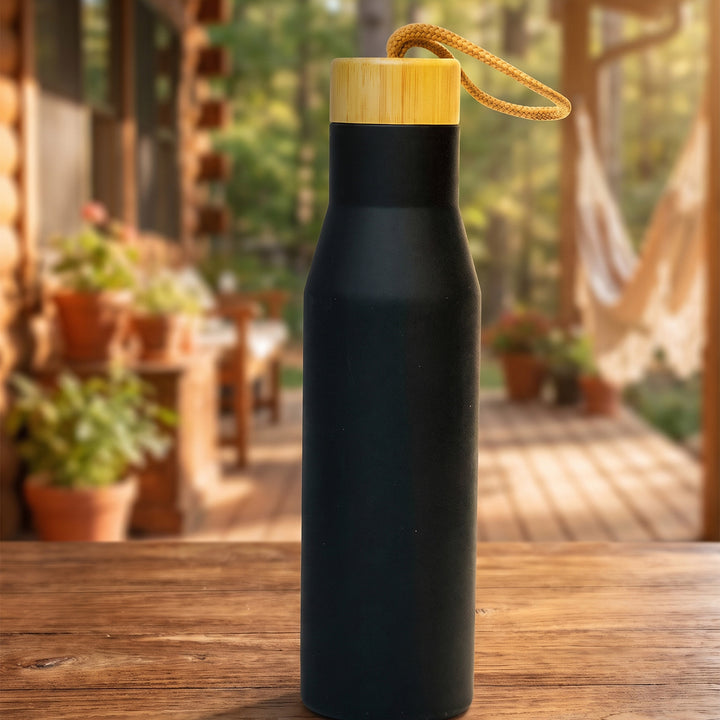 Custom laser-engraved matte black thermal flask with bamboo wood cap by Print365 Kenya