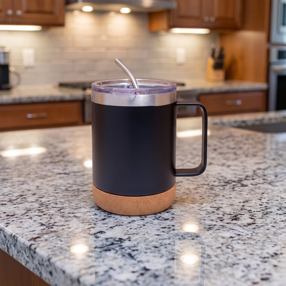 Custom laser-engraved 380ml matte black thermal mug with cork base and metal handle by Print365 Kenya