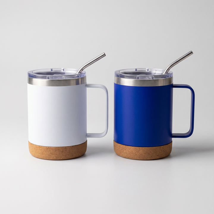 Executive 380ml insulated stainless steel coffee mugs featuring natural cork bases and handles by Print365 Nairobi