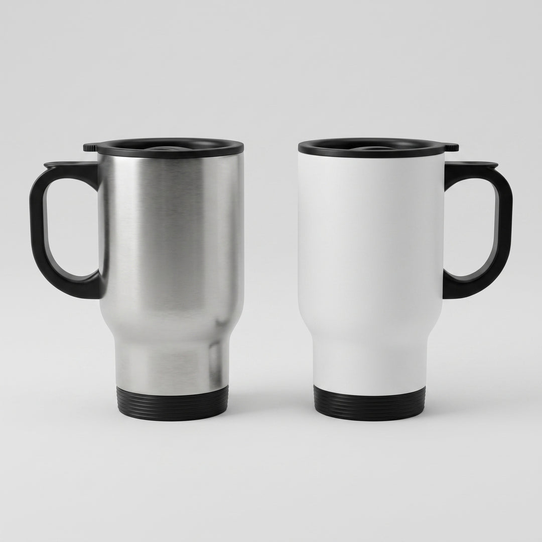 Executive 500ml insulated stainless steel travel mugs featuring ergonomic side handles and clear lids by Print365 Nairobi
