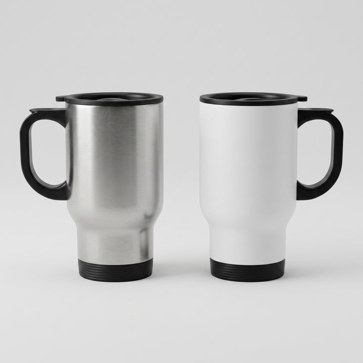 Executive 500ml insulated stainless steel travel mugs featuring ergonomic side handles and clear lids by Print365 Nairobi