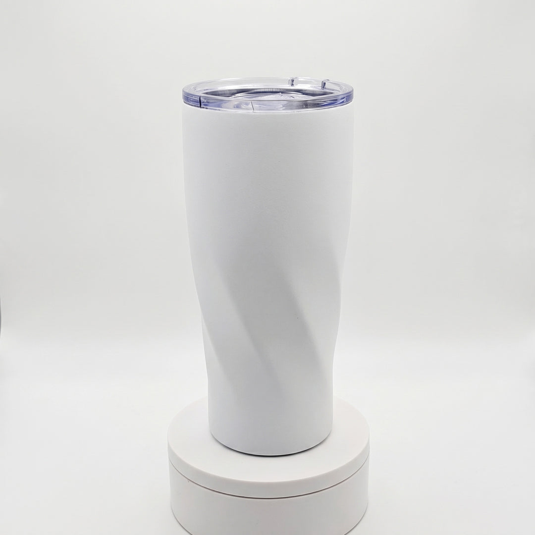 Custom laser-engraved 600ml white and blue spiral thermal travel mug by Print365 Kenya
