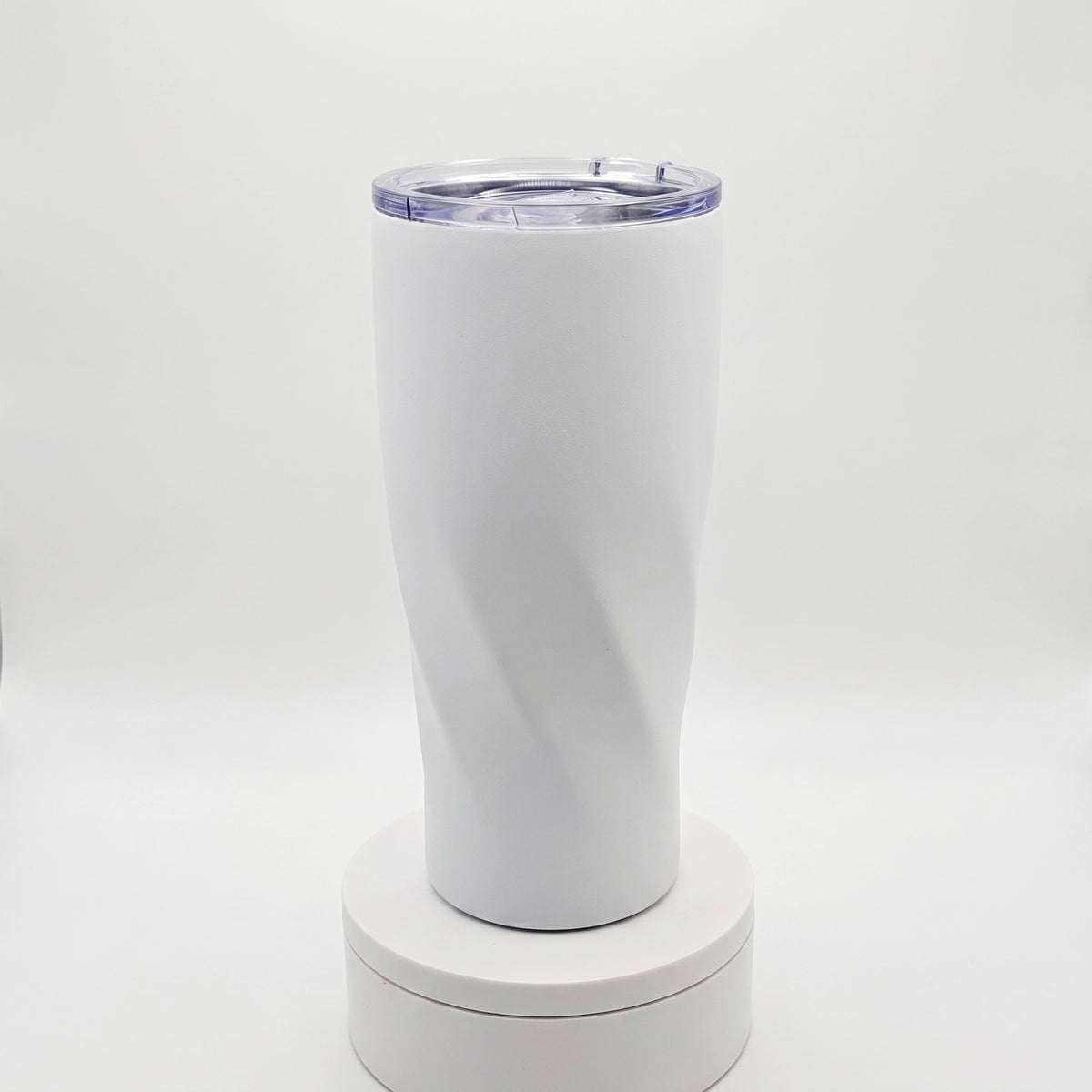 Custom laser-engraved 600ml white and blue spiral thermal travel mug by Print365 Kenya