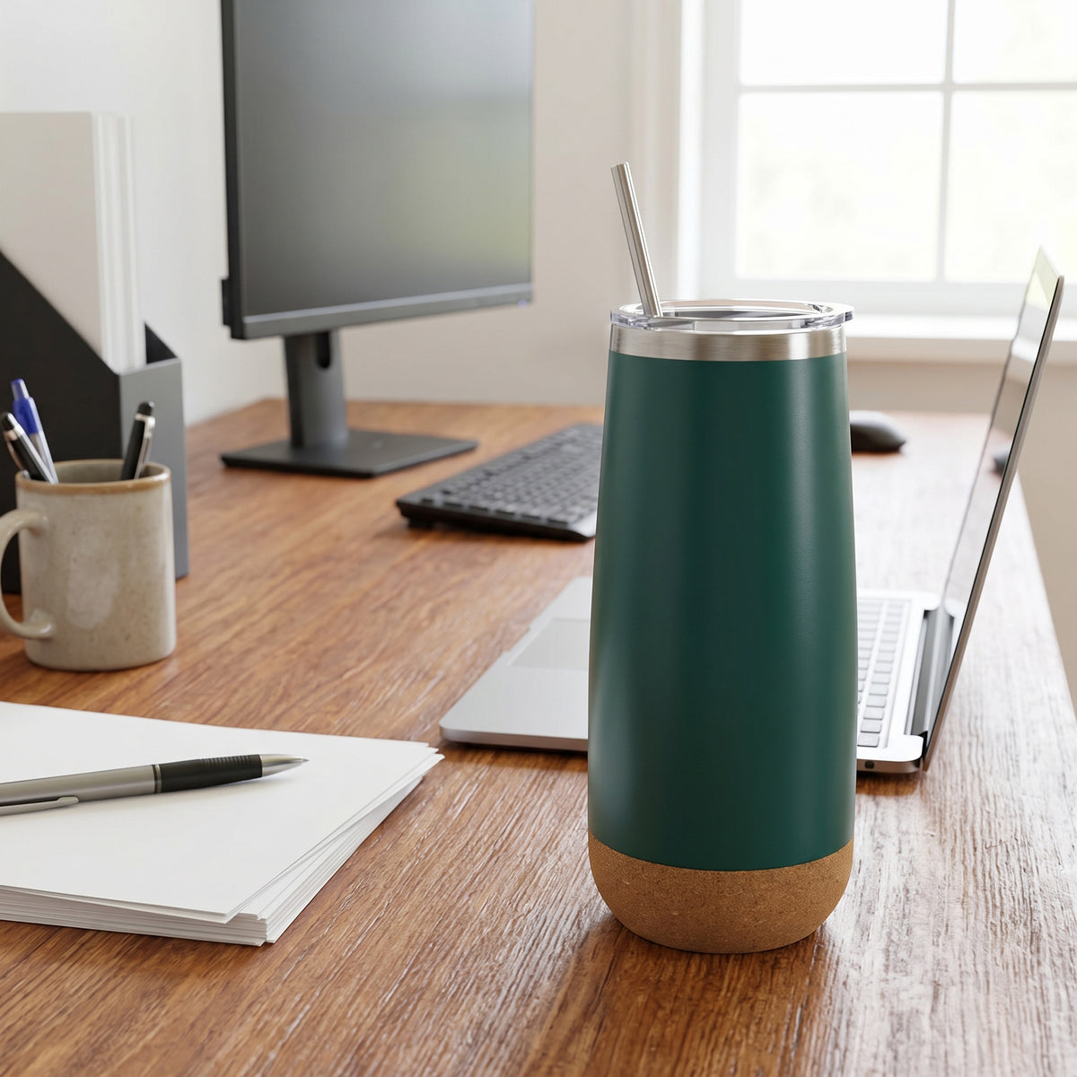 Executive 650ml insulated stainless steel travel mug featuring a natural cork base and clear sip lid by Print365 Nairobi