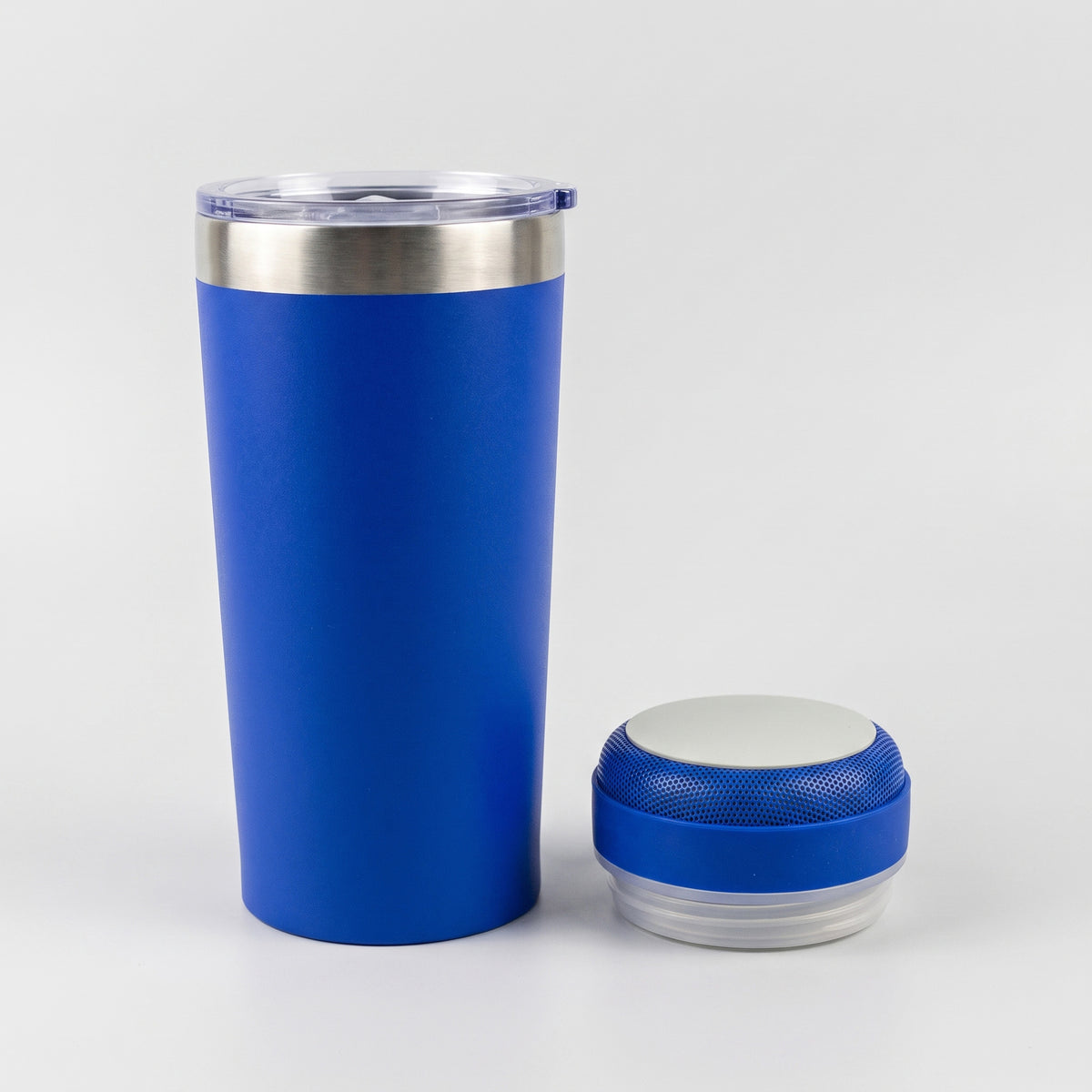 Custom laser-engraved royal blue thermal mug with integrated Bluetooth speaker base by Print365 Kenya