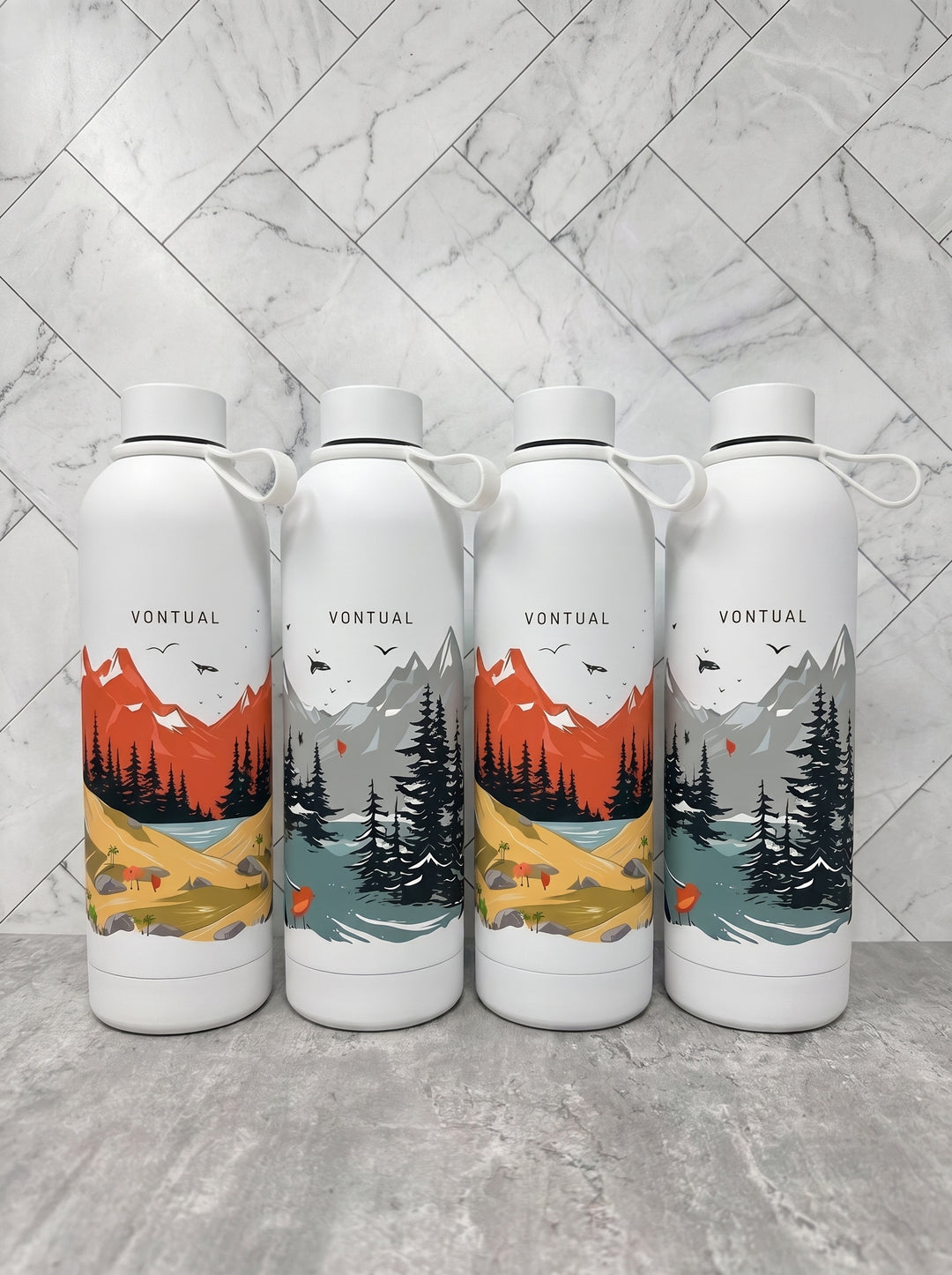 Custom laser-engraved 750ml white thermal flasks with flexible silicone carry loops by Print365 Kenya
