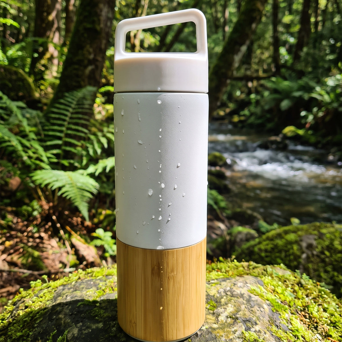 Custom laser-engraved 600ml white thermal flask with natural wooden base accent by Print365 Kenya