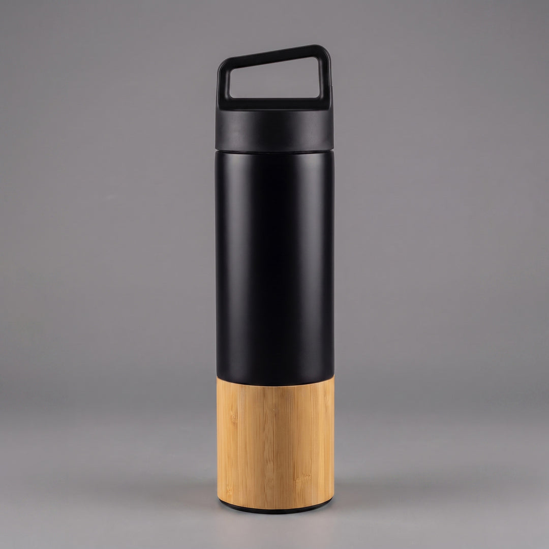 Custom laser-engraved 600ml black thermal flask with natural wooden base accent done in Nairobi Kenya
