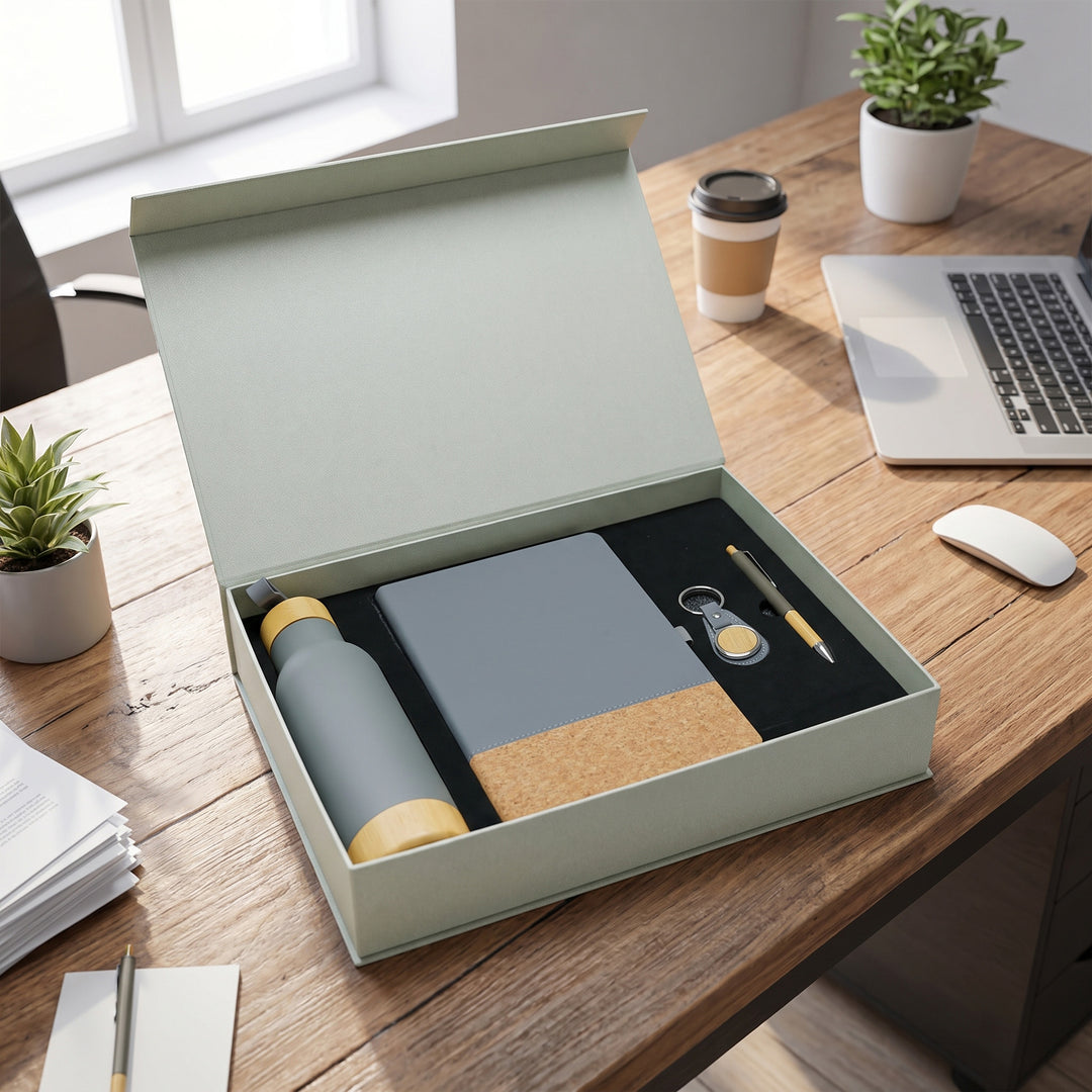 Custom laser-engraved 4-piece executive gift set in slate grey and natural cork by Print365 Kenya