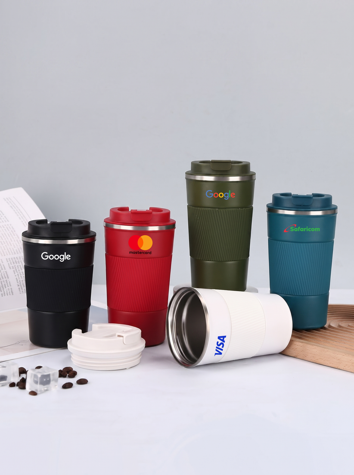 Lineup of custom printed vacuum insulated thermos cups for corporate employees onboarding by Print365 Kenya