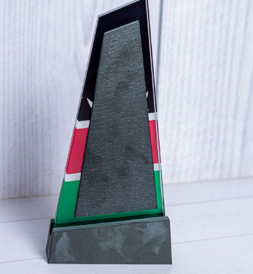 Custom laser-engraved abstract triangular award trophy with Kenya national flag colors by Print365 Kenya