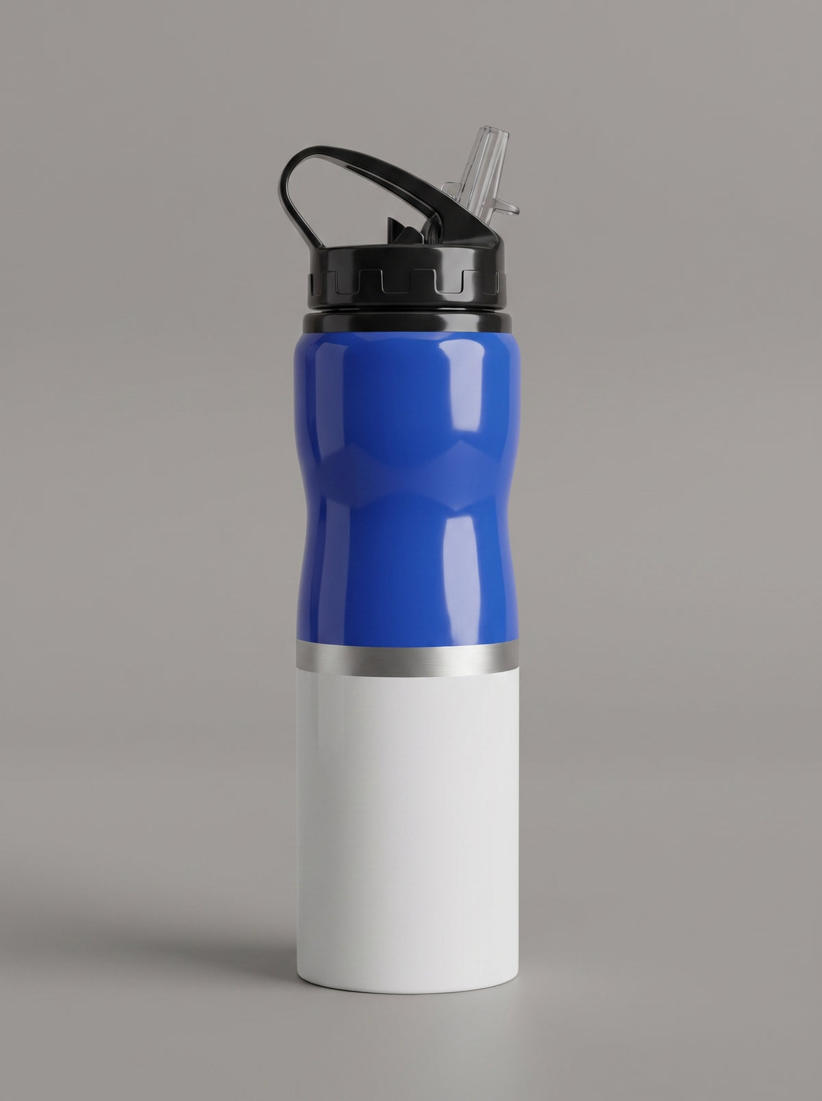 Custom printed two-tone royal blue and white metallic water bottle with flip straw cap by Print365 Kenya