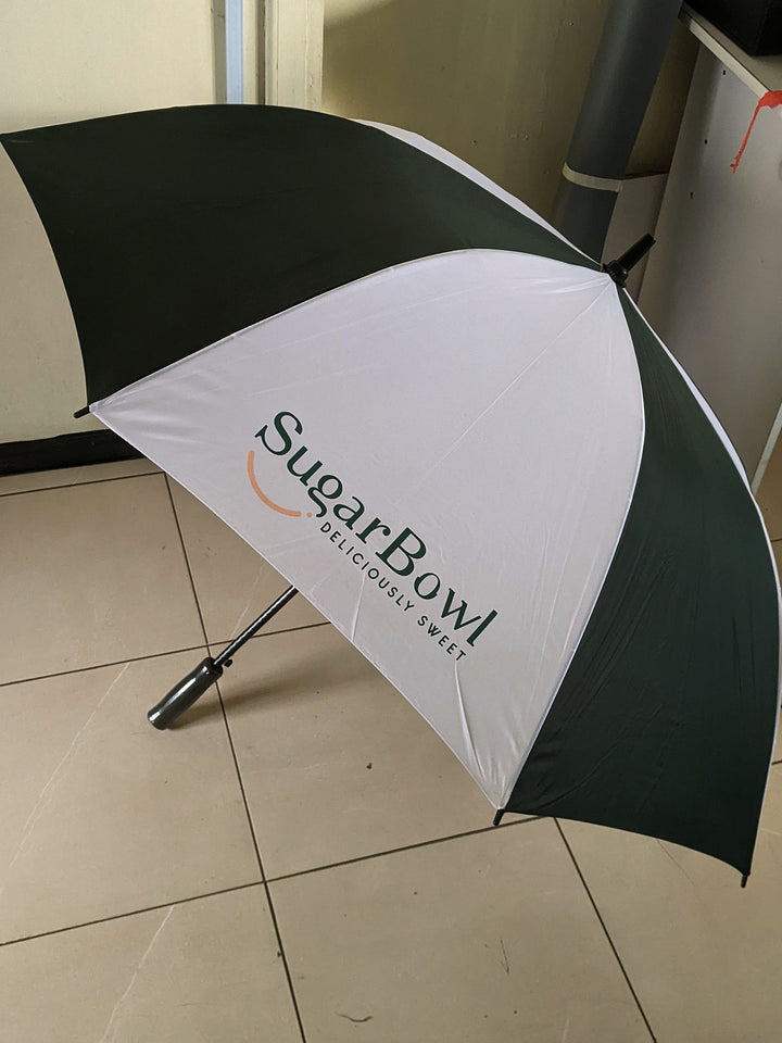 Black and white umbrella with &