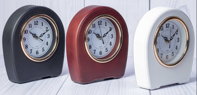 Custom laser-engraved arched leatherette desk clock in black, red, and white by Print365 Kenya