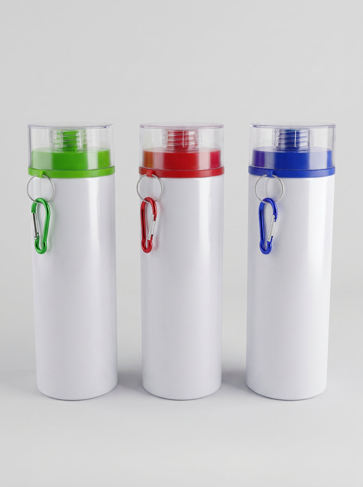 Custom printed white metallic water bottles with green, red, and blue carabiner clips and clear top lids by Print365 Kenya