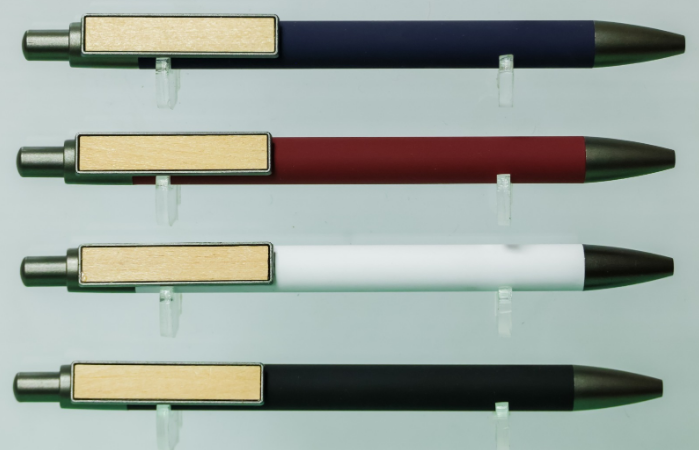 Custom laser-engraved wooden and metal hybrid pens with natural wood clip inlay by Print365 Kenya