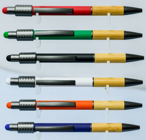 Custom laser-engraved bamboo wood and metal stylus pens with gunmetal trim by Print365 Kenya