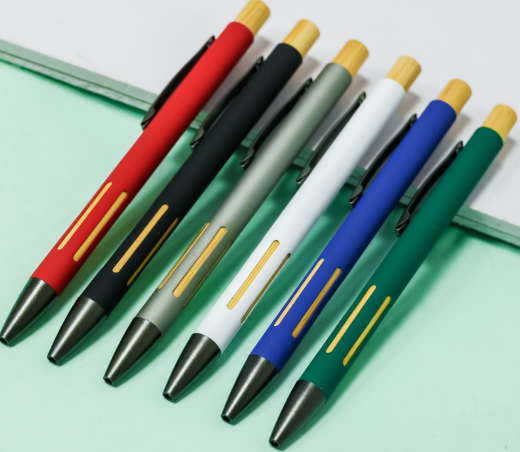 Custom laser-engraved wood and metal hybrid pens with wooden plunger top by Print365 Kenya