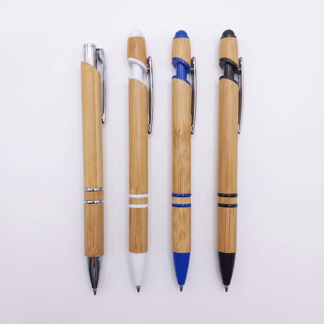Custom laser-engraved eco-friendly wooden bamboo pens with colored accents by Print365 Kenya