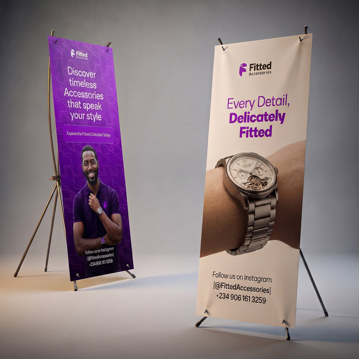 Customized purple X-banners used in bank advertising done by Print365 Nairobi