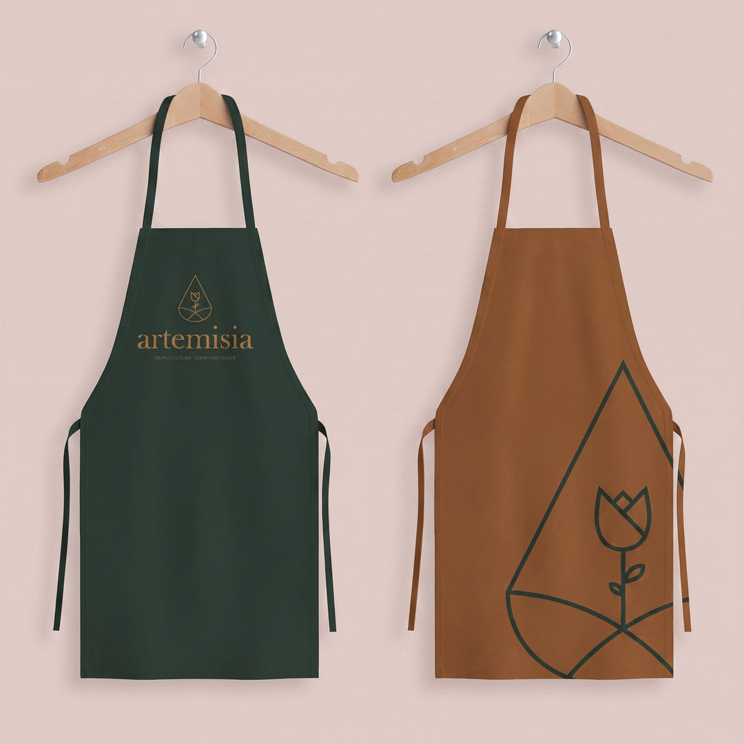 2 custom printed full aprons in green and brown done in Nairobi Kenya