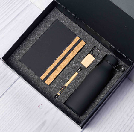 Custom laser-engraved eco 4-in-1 cork gift set in black by Print365 Kenya