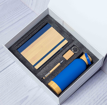 Custom laser-engraved eco bamboo 4-in-1 corporate gift set in blue by Print365 Kenya