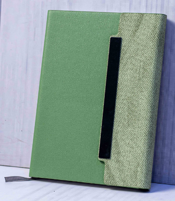 Custom laser-engraved executive A5 light green herringbone texture notebook with vertical black metal bar by Print365 Kenya