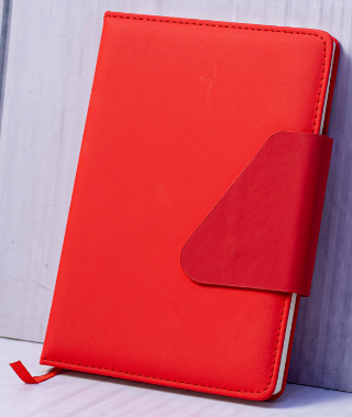 Custom laser-engraved executive A5 red leatherette notebook with angular magnetic flap by Print365 Kenya