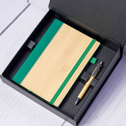 Custom laser-engraved eco bamboo notebook and pen gift set in green by Print365 Kenya