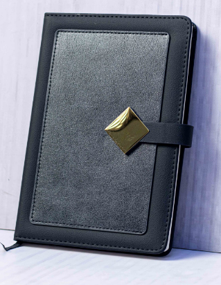 Custom laser-engraved executive A5 black leatherette notebook with gold diamond metal buckle by Print365 Kenya