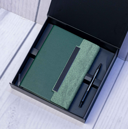 Custom laser-engraved executive notebook and pen gift set in green by Print365 Kenya