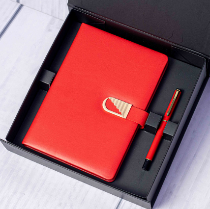 Custom laser-engraved executive notebook and pen gift set in red by Print365 Kenya